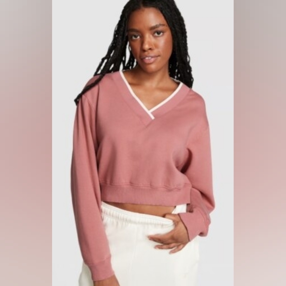 PINK Victoria's Secret Premium Fleece V-Neck Pullover Cropped Top Soft Begonia L